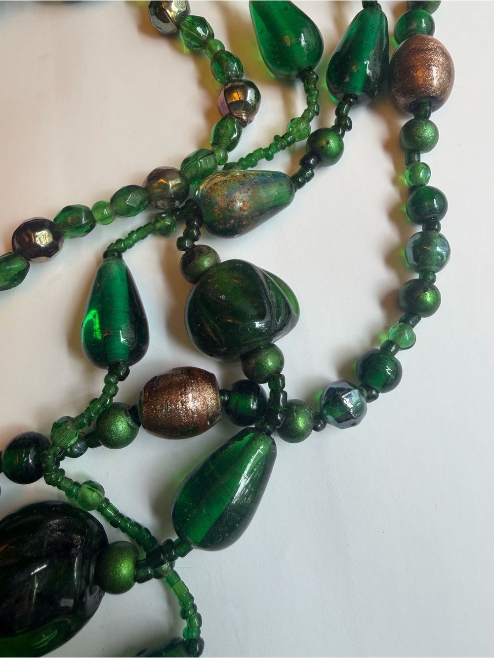 Vintage Y2K Emerald Green Glass Beaded Multi Strand Statement Necklace 2000s